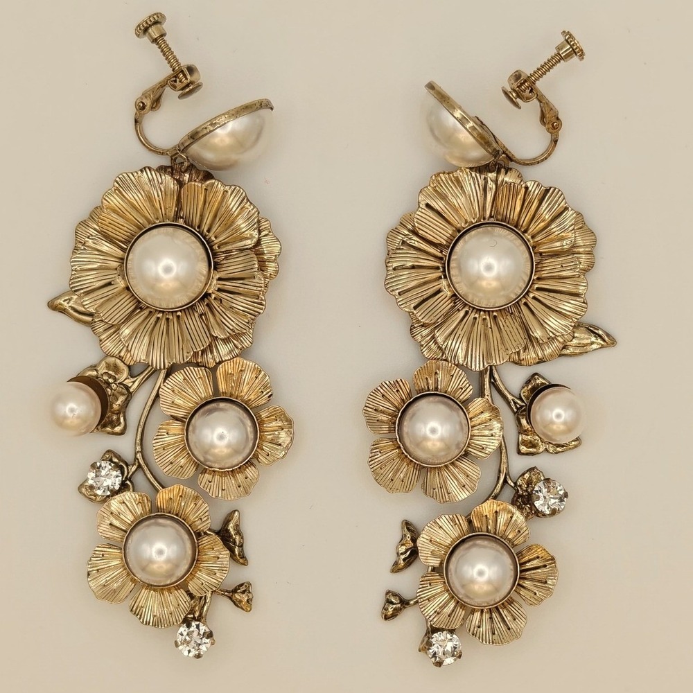 EB Signed Antique Gold Clematis Pearl Climber Earrings Floral  Bridal